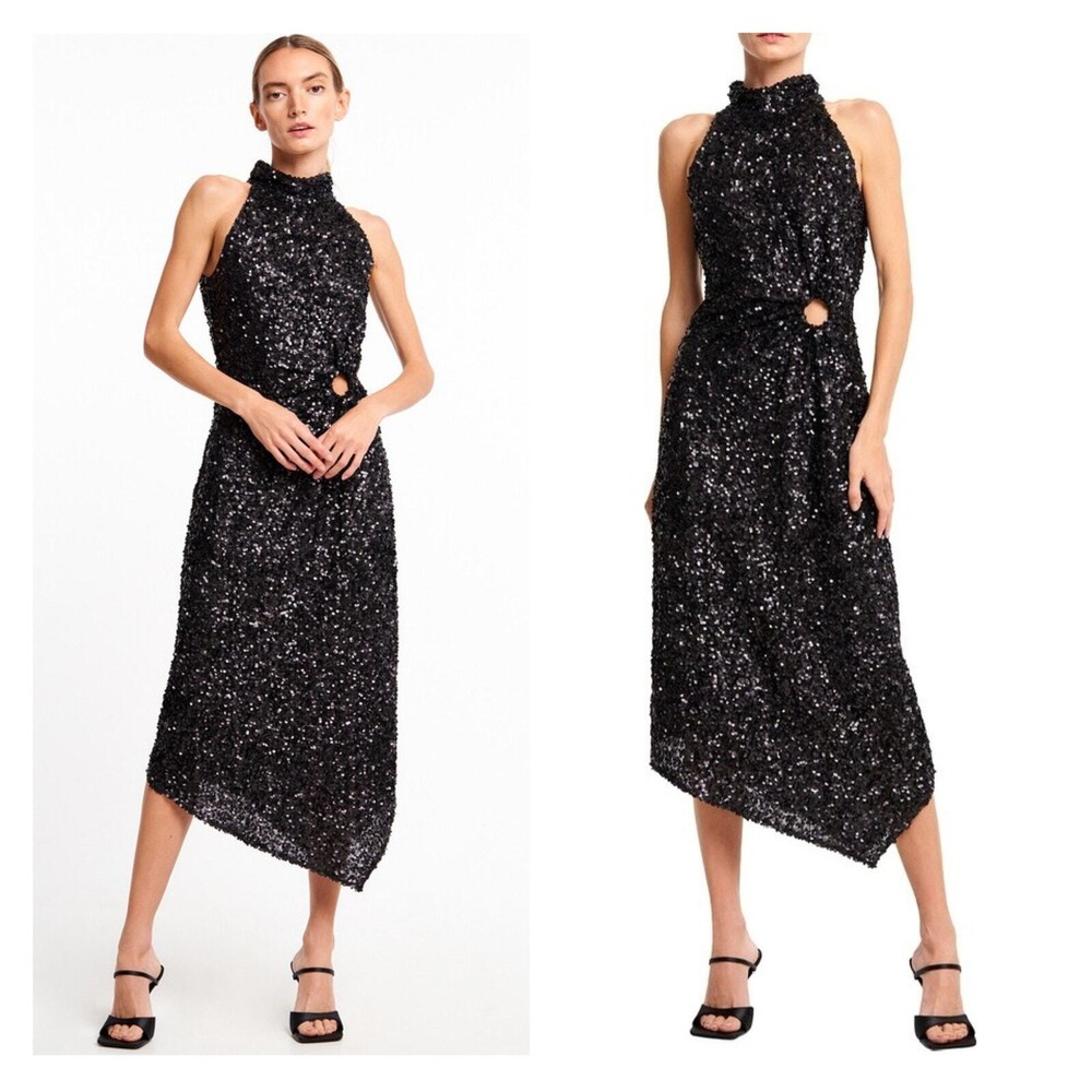 CIEBON Signy Sequin Asymmetrical Gown Womens Small Black Halter Midi Sleeveless - Picture 1 of 16